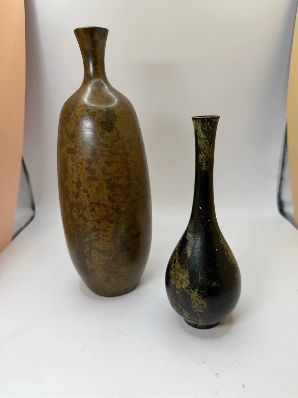 Mid Century Otagiri Brown and Gold Metal Vases - Pair